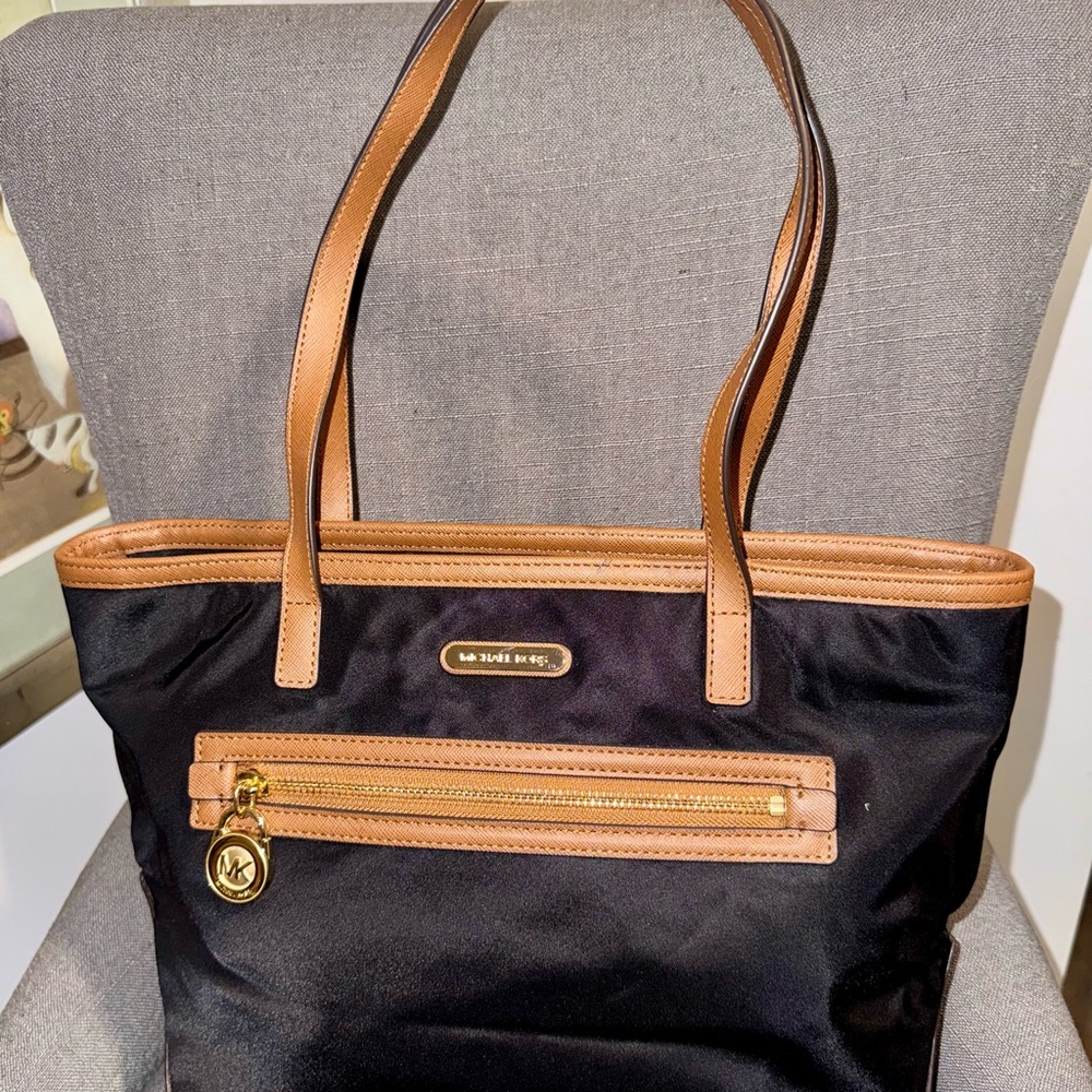 Michael Kors Black and Tan Tote with Leather Trim - canvas - classic and chic